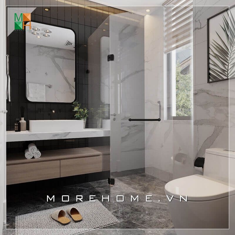 Một mẫu thiết kế nội thất nhà vệ sinh hiện đại và đẳng cấp được đề xuất cho các loại nhà ở như nhà phố, biệt thự, nhà phố. Nó bao gồm những thiết bị và vật dụng như bồn cầu, bồn tắm, bồn rửa mặt, bồn cạo râu, giá đỡ, gương, tủ đựng đồ, v.v. Để tạo nên một không gian nhà vệ sinh hiện đại và đẳng cấp, những thiết bị này được lựa chọn với màu sắc, chất liệu và kiểu dáng phù hợp với không gian.